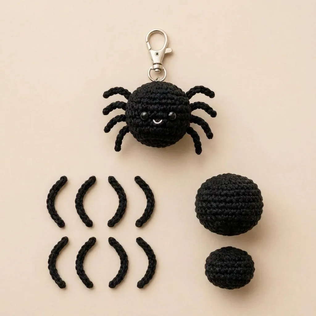 Spider crochet keychain pattern with separate round body head and eight chain legs