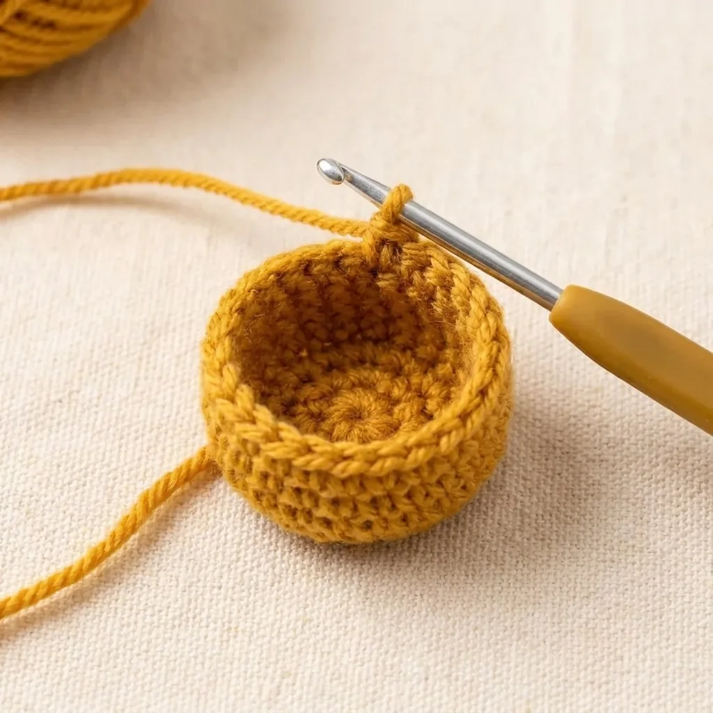 Mustard crochet broom bristles during the increase rounds