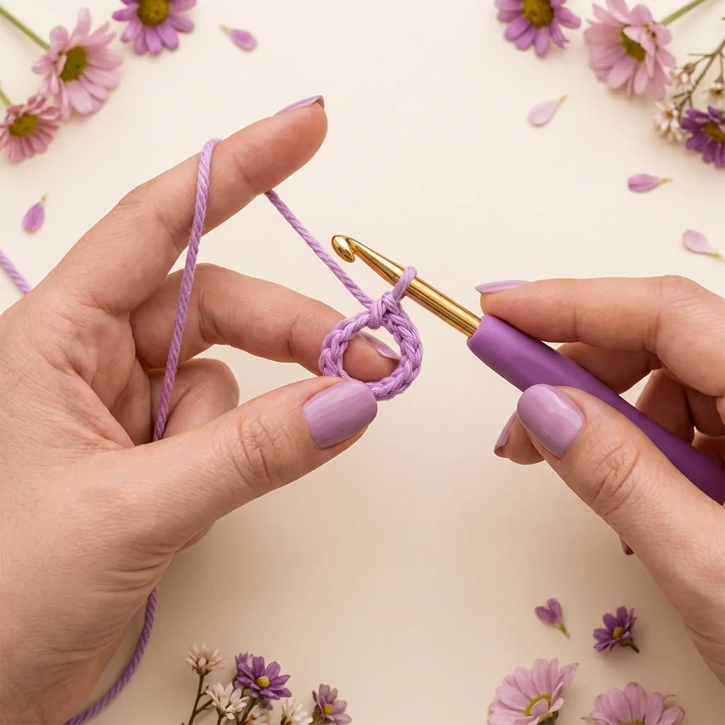 Hands forming a magic ring with lavender yarn and a crochet hook