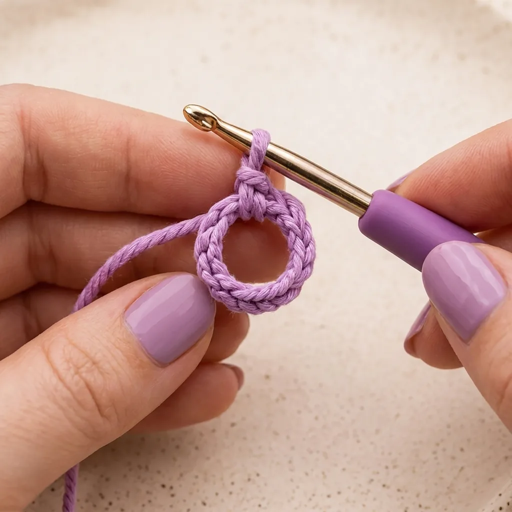 Six single crochet stitches worked inside an open lavender magic ring