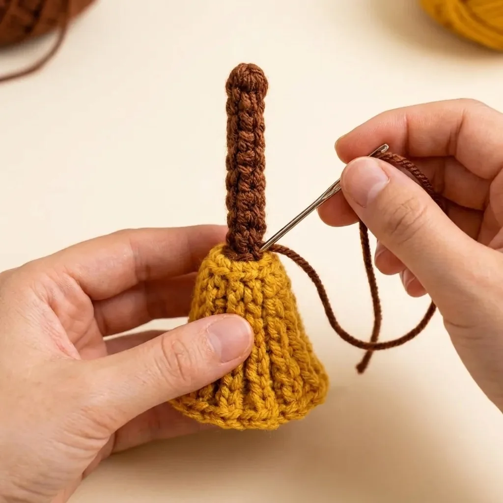 Brown crochet handle being sewn to the top center of mustard broom bristles