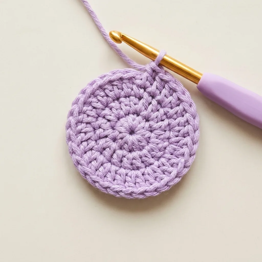 Lavender circular crochet base with twelve single crochet stitches