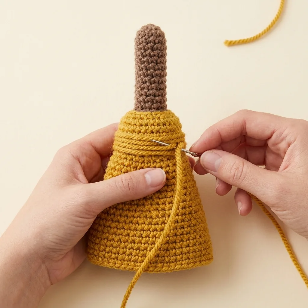 Yellow yarn wrapped around the top of a crochet broom to form a rope tie