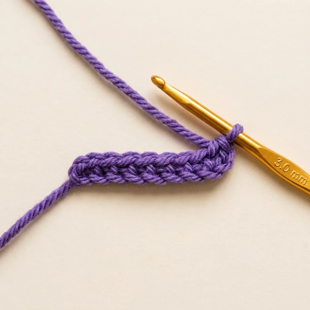 Short purple crochet chain of seven with hook