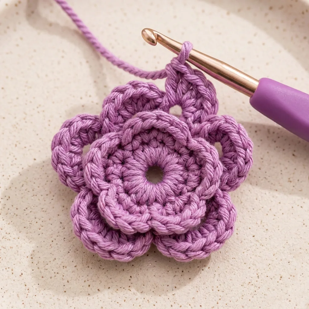 Third outer petal round being added to a layered lavender flower