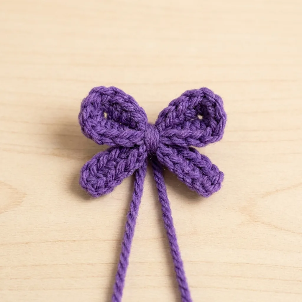 Purple crochet strip folded into two bow loops