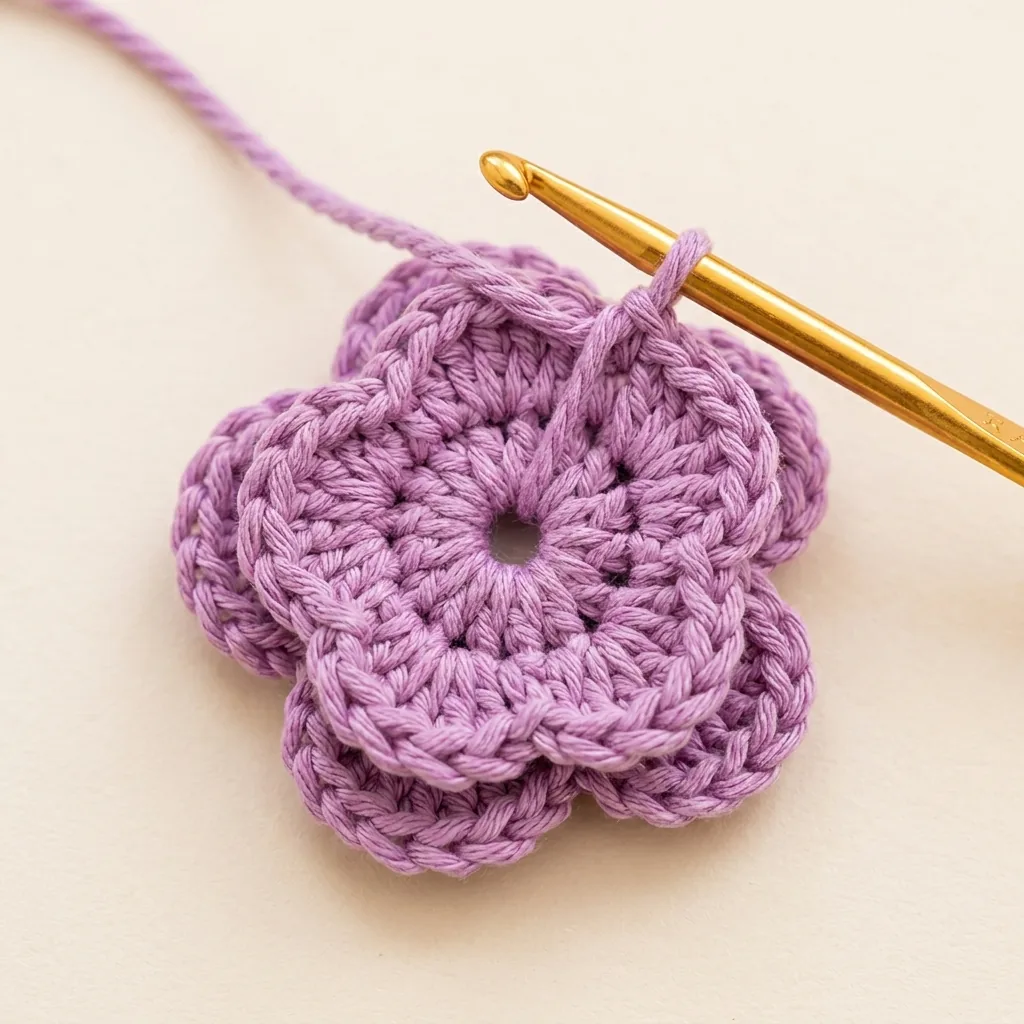 Layered lavender crochet flower being secured with a slip stitch
