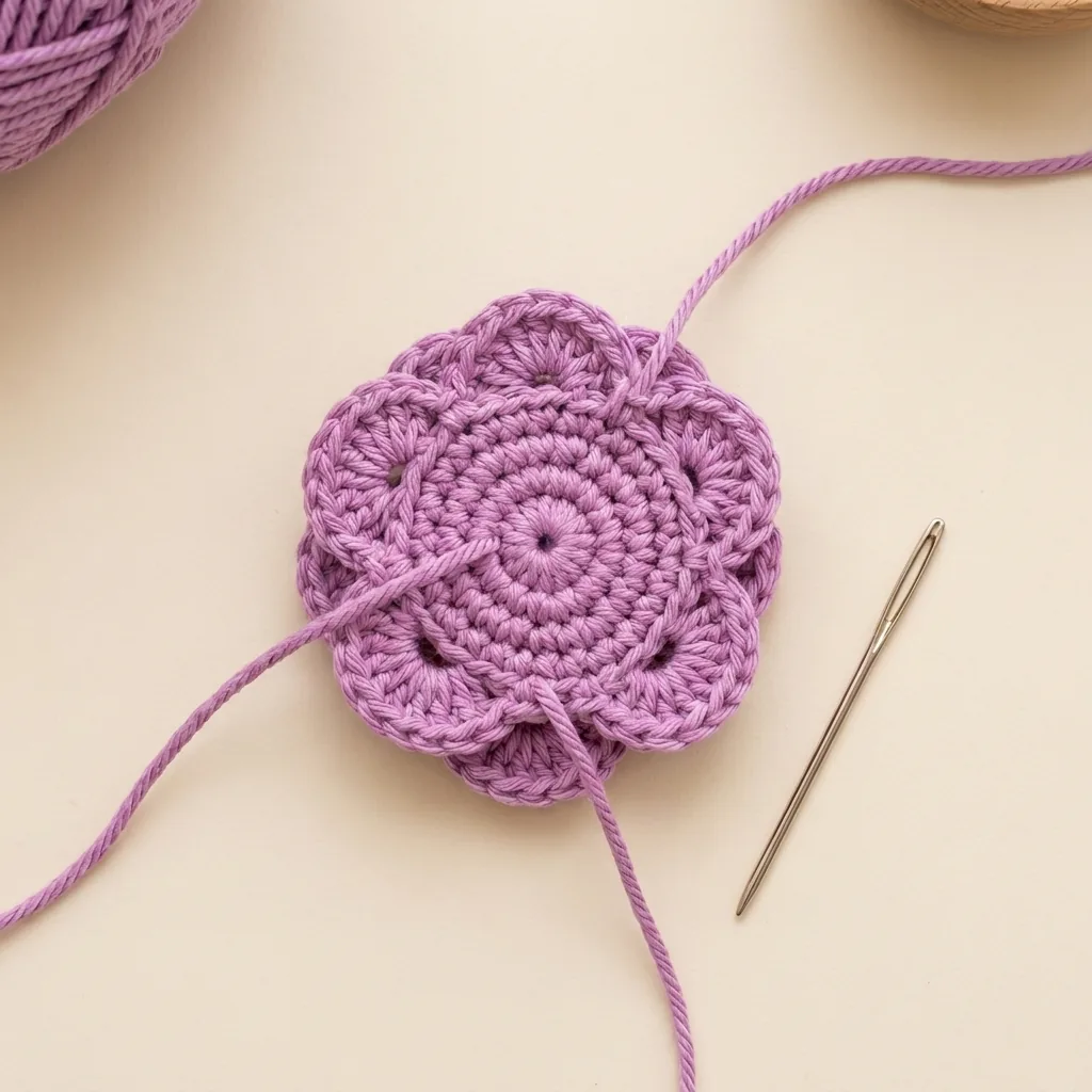 Back view of a layered lavender crochet flower with yarn tails