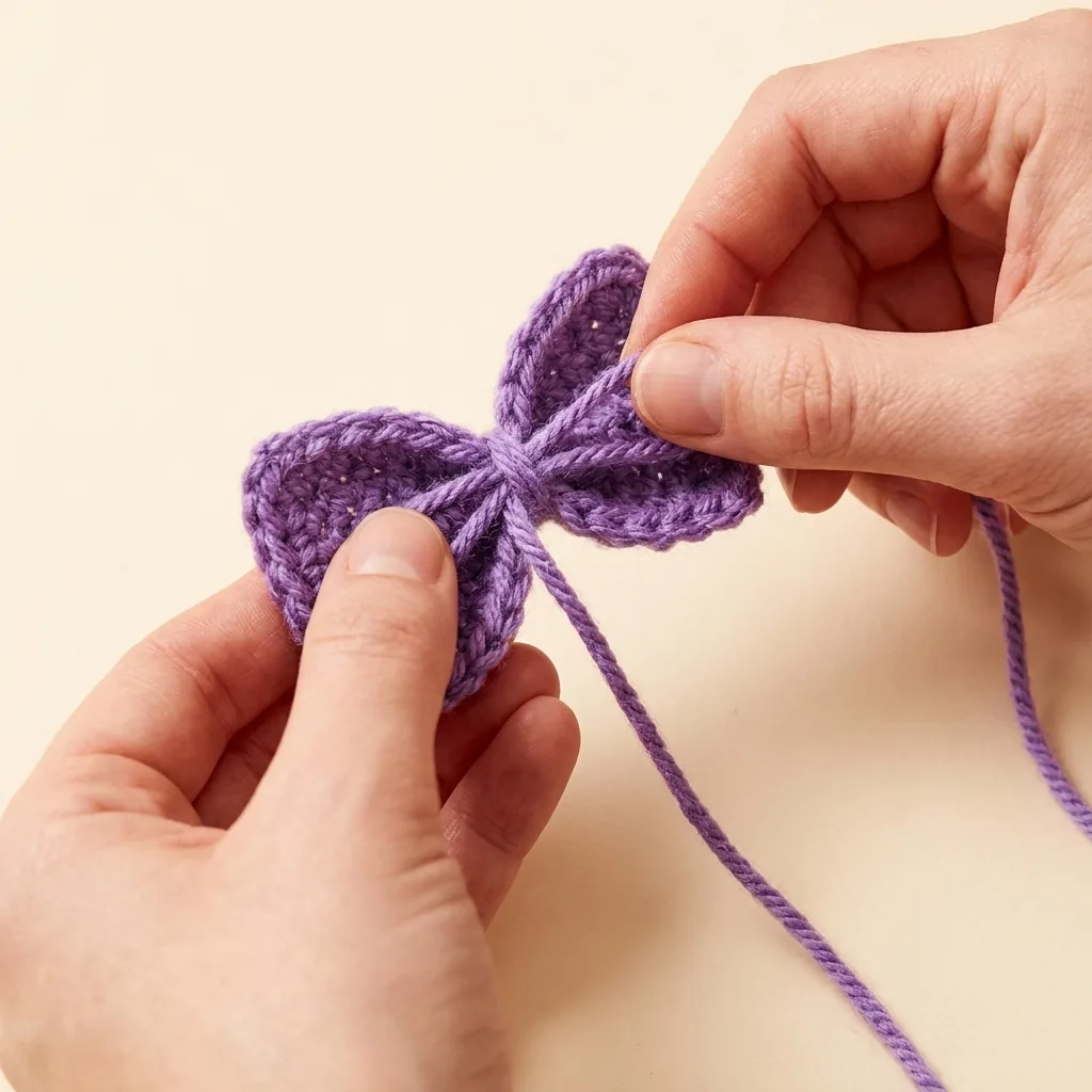 Hands wrapping yarn around the center of a purple crochet bow