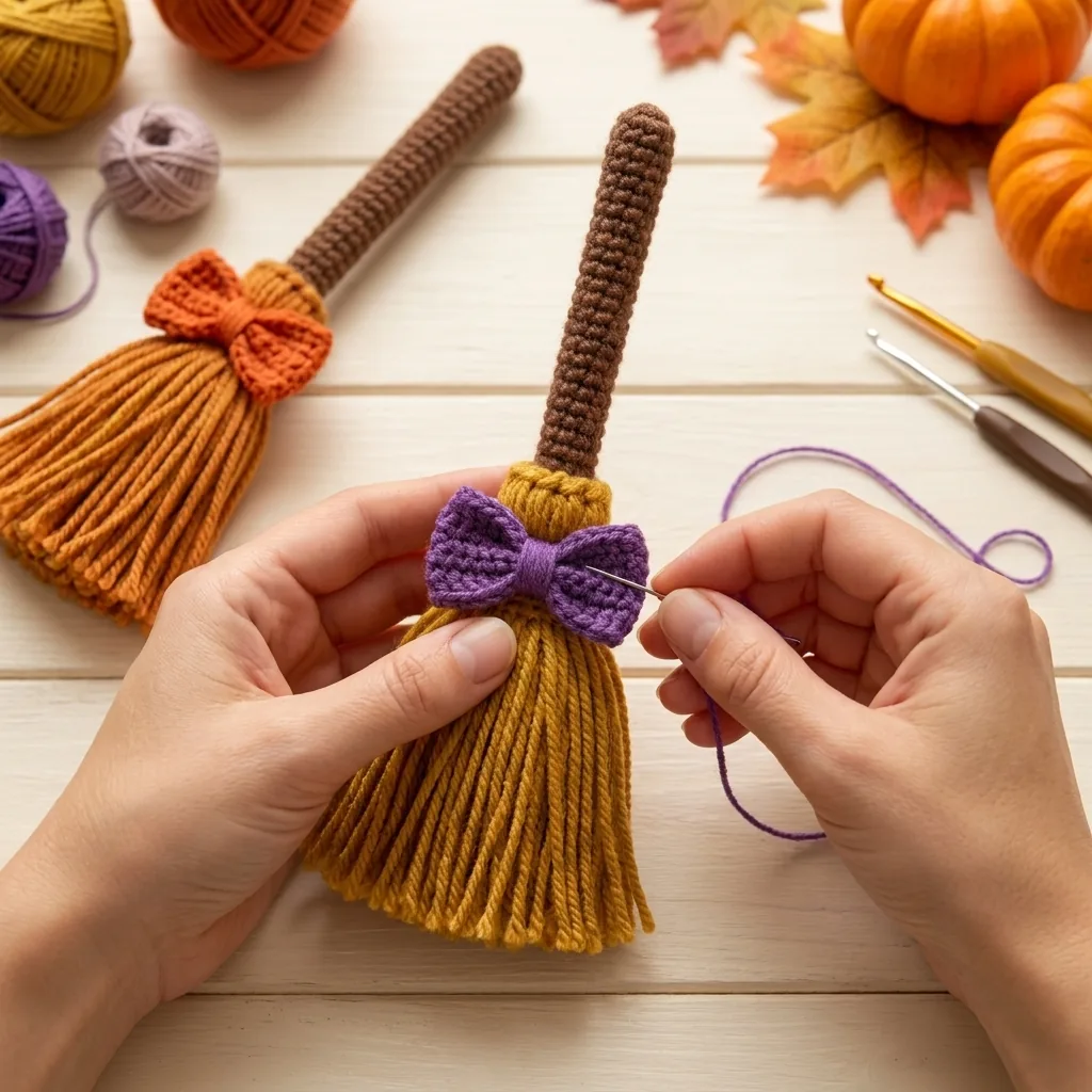 Purple crochet bow being attached to the front of a mini broom