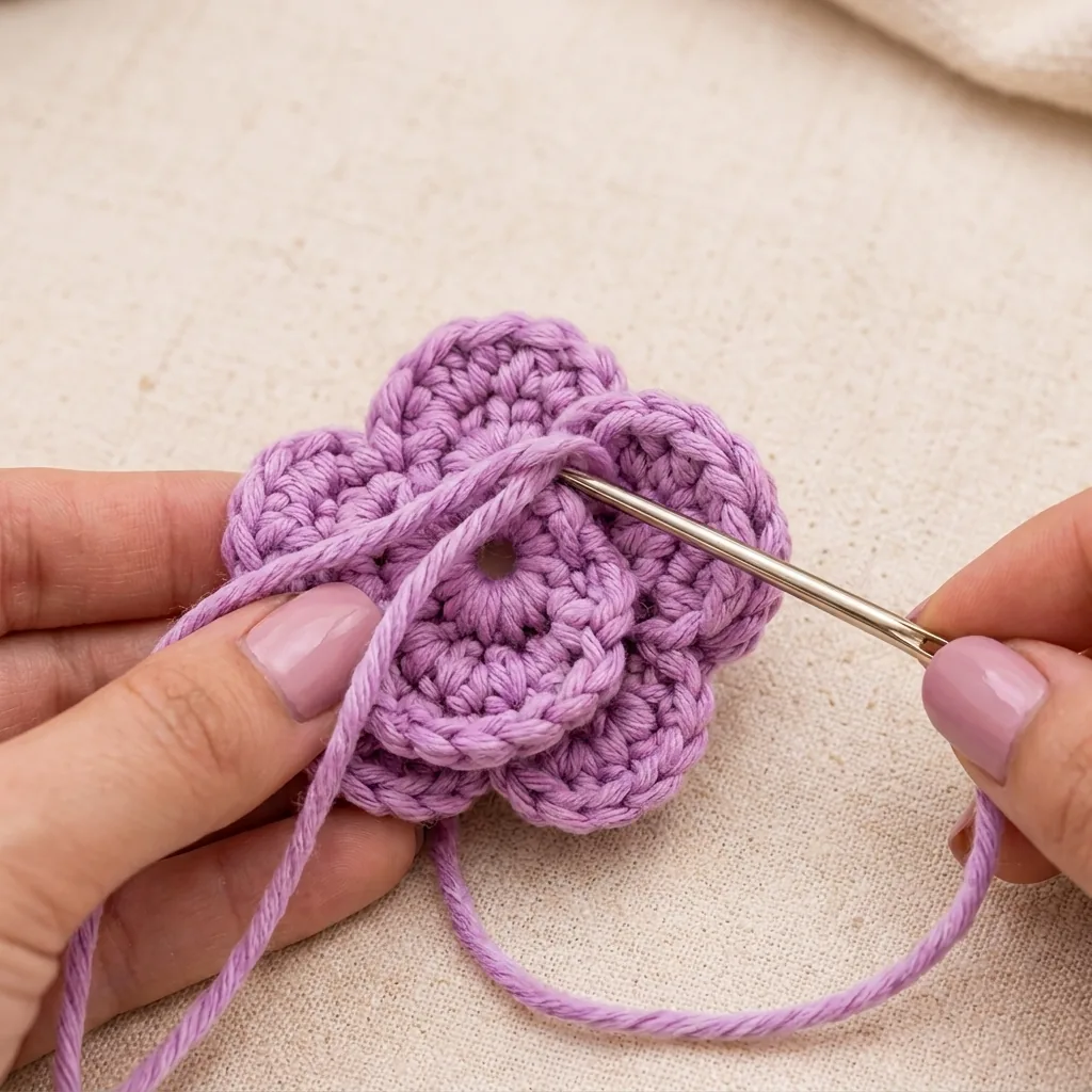 Yarn needle weaving loose ends into the back of a crochet flower
