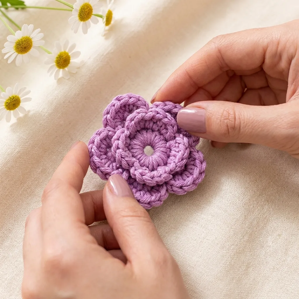 Hands gently shaping the petals of a layered lavender crochet flower