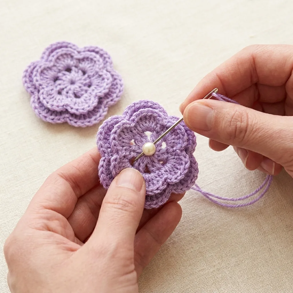 Small cream pearl being sewn into the center of a lavender crochet flower