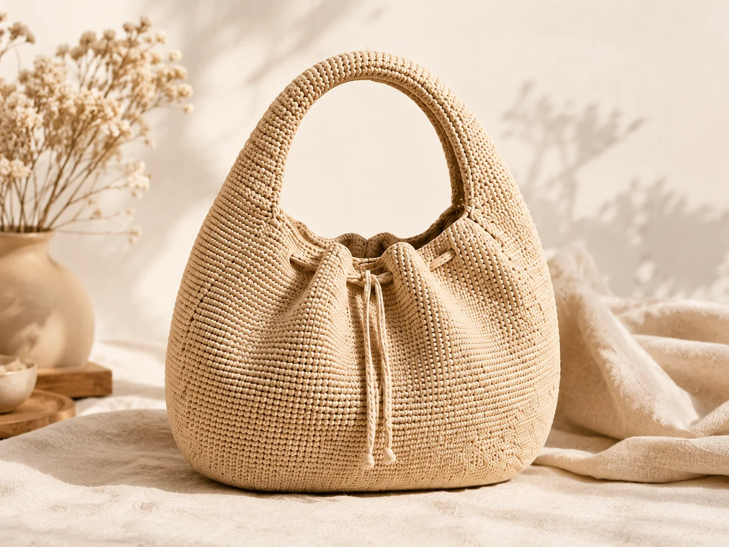 structured cream crochet crescent handbag with padded handle and drawstring
