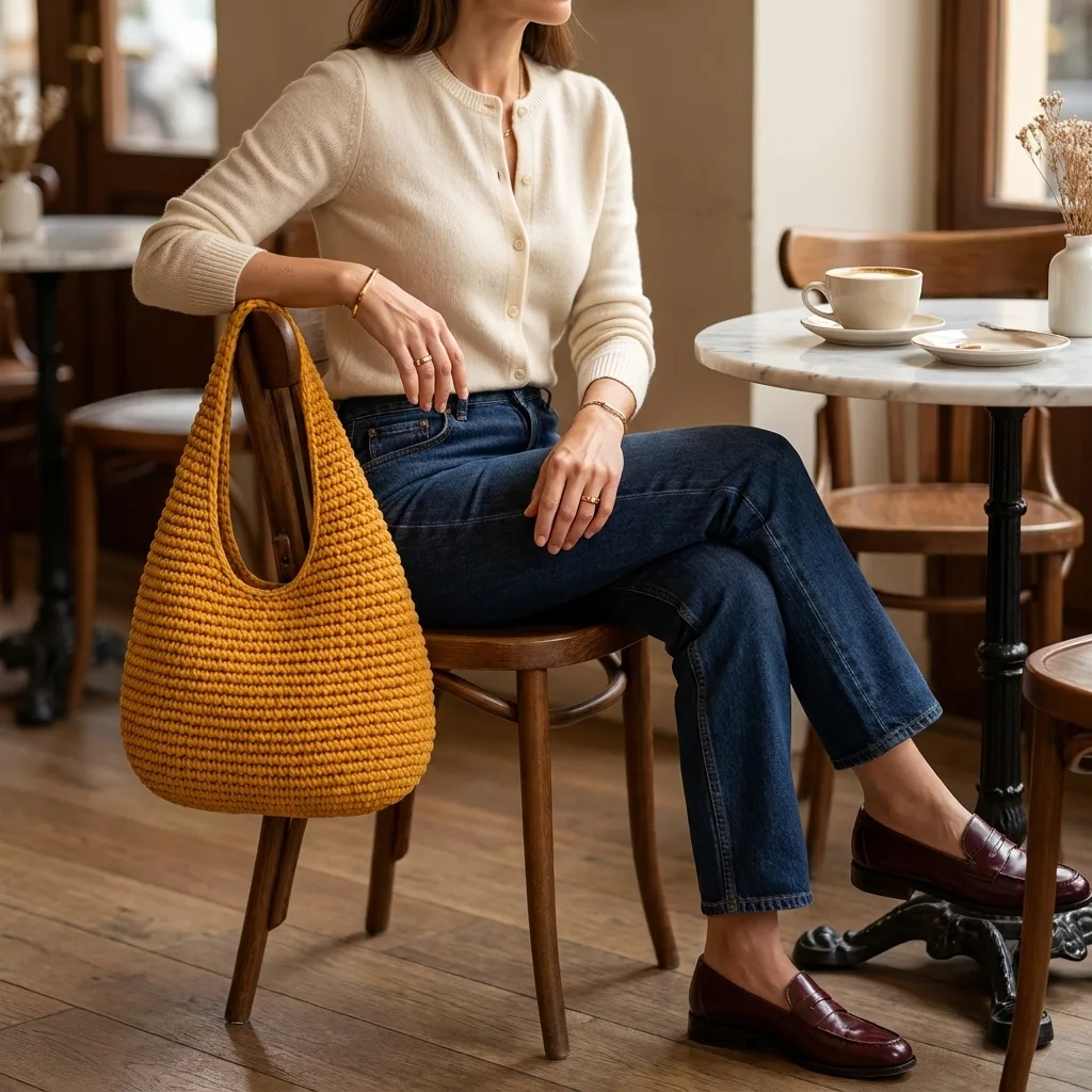 Mustard crochet bag styled with a sweater and jeans