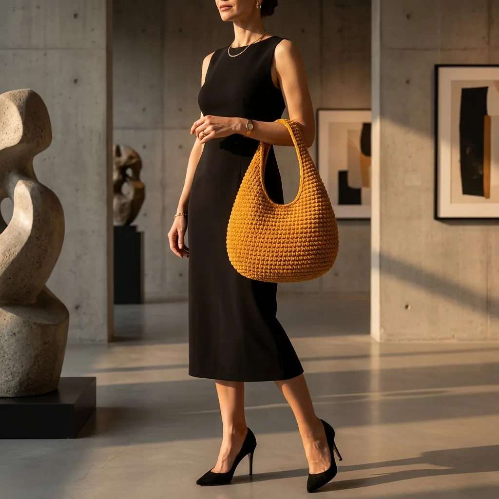 Mustard crochet bag styled with a black evening dress
