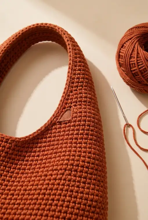 Terracotta hobo bag pinned for wet blocking with its base and handle curve shaped
