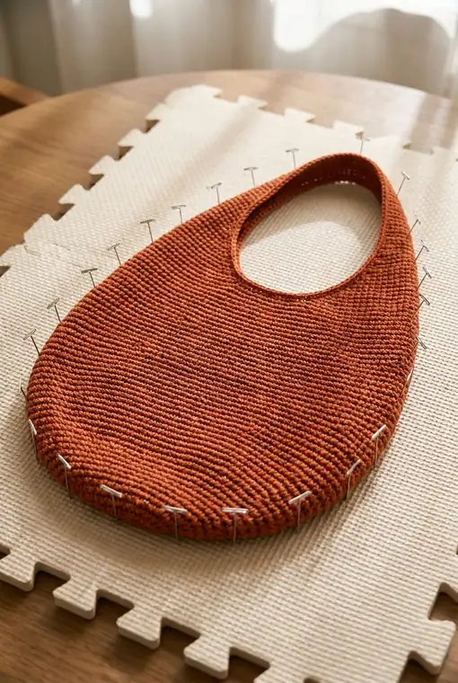 Terracotta crochet gauge swatch beside a 5 mm hook and ruler