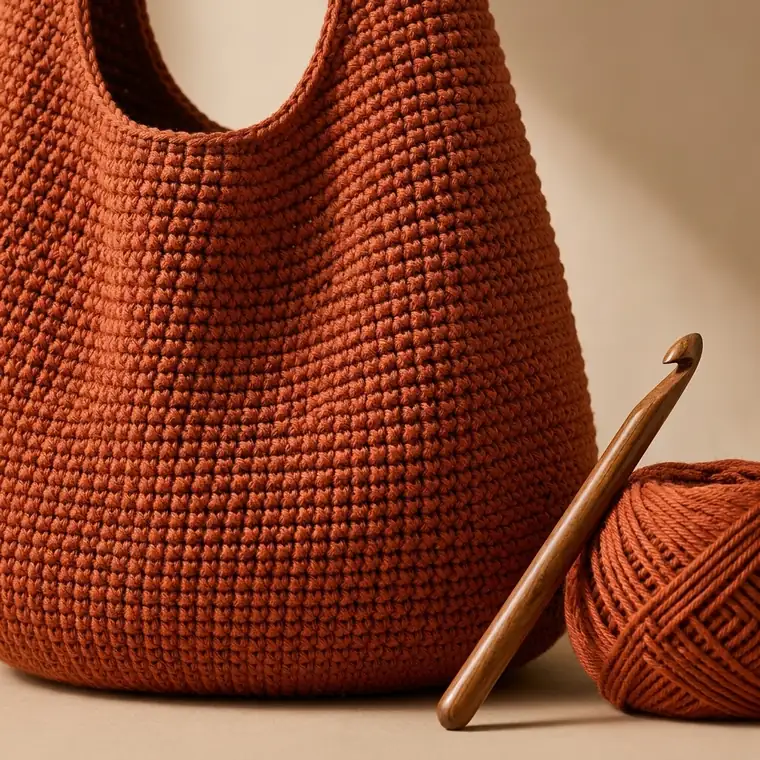 Close-up of terracotta crochet stitches showing clear stitch definition