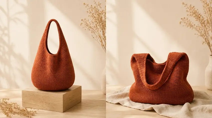 Structured terracotta hobo bag compared with a floppy bag made from unsuitable yarn
