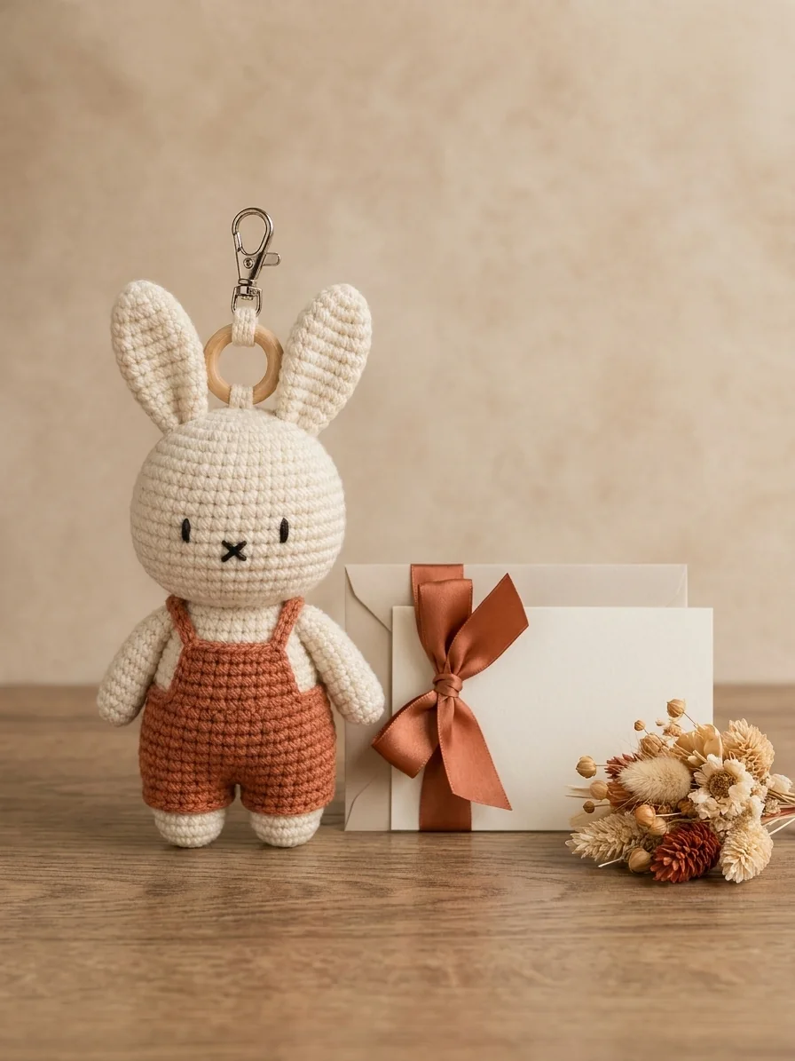 A Small Thank-You Gift with a rust and cream crochet bunny keychain
