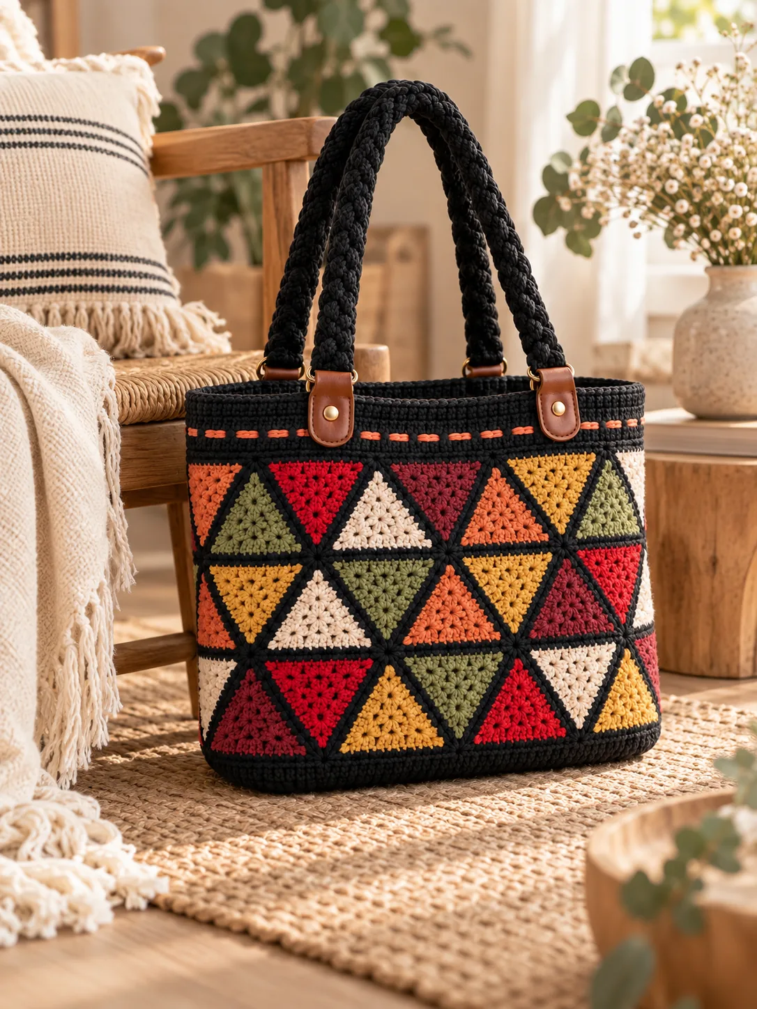 Triangle tote crochet pattern with colorful granny triangle bag panels, black bands, braided handles and leather hardware