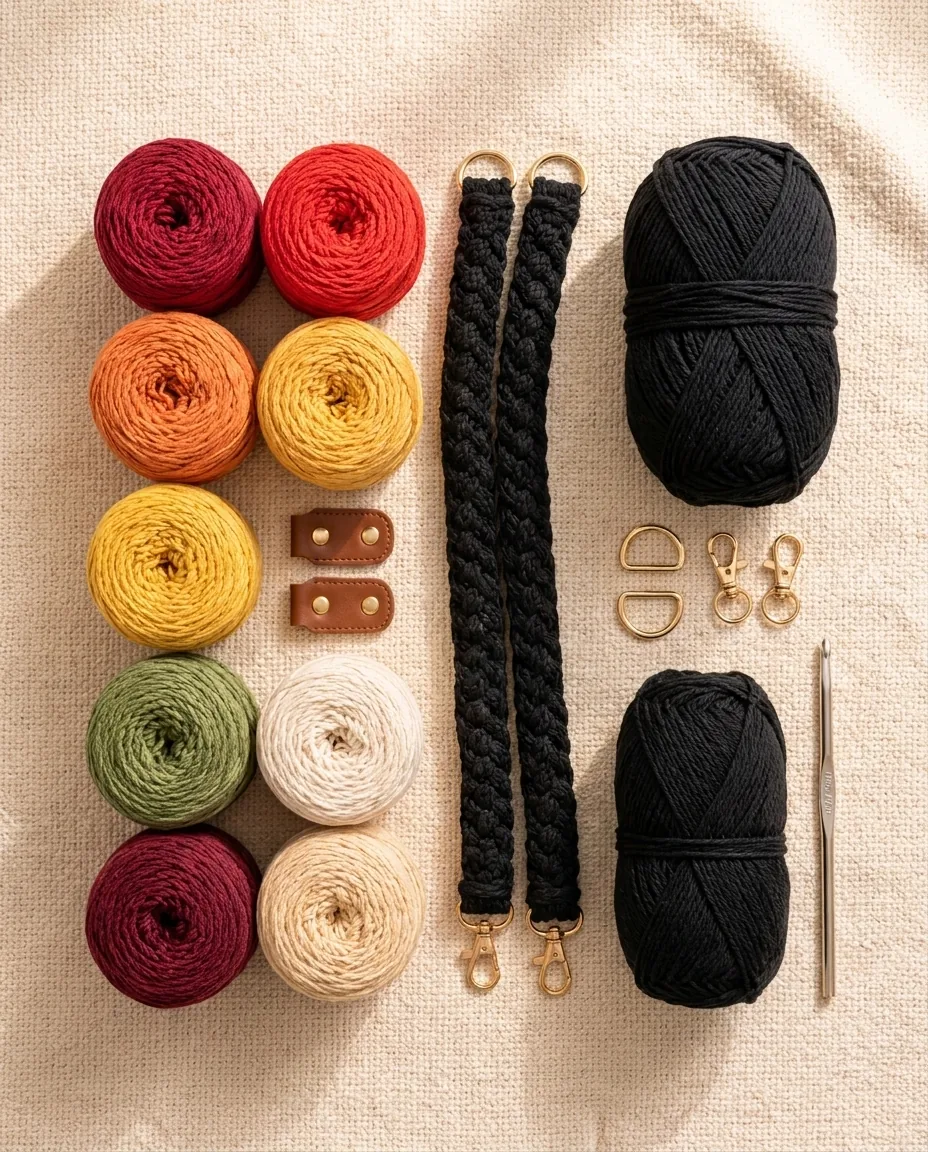 Yarn, crochet hook, braided handles, leather tabs and gold hardware for a triangle tote crochet pattern