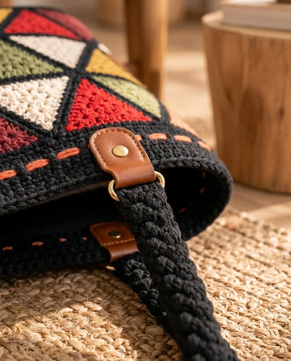 Braided black handle and brown leather hardware detail on a triangle tote crochet pattern