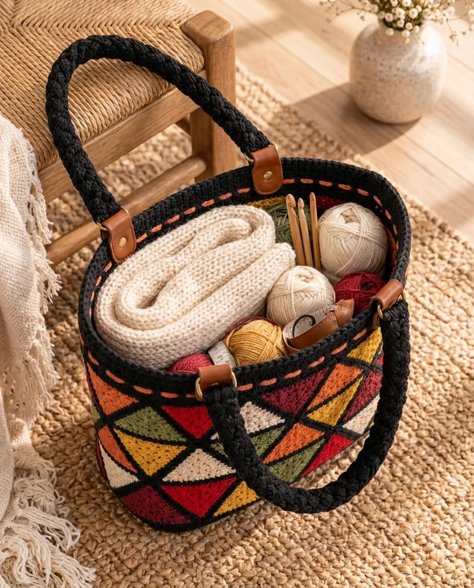 Roomy interior of a triangle tote crochet pattern filled with yarn and crochet tools