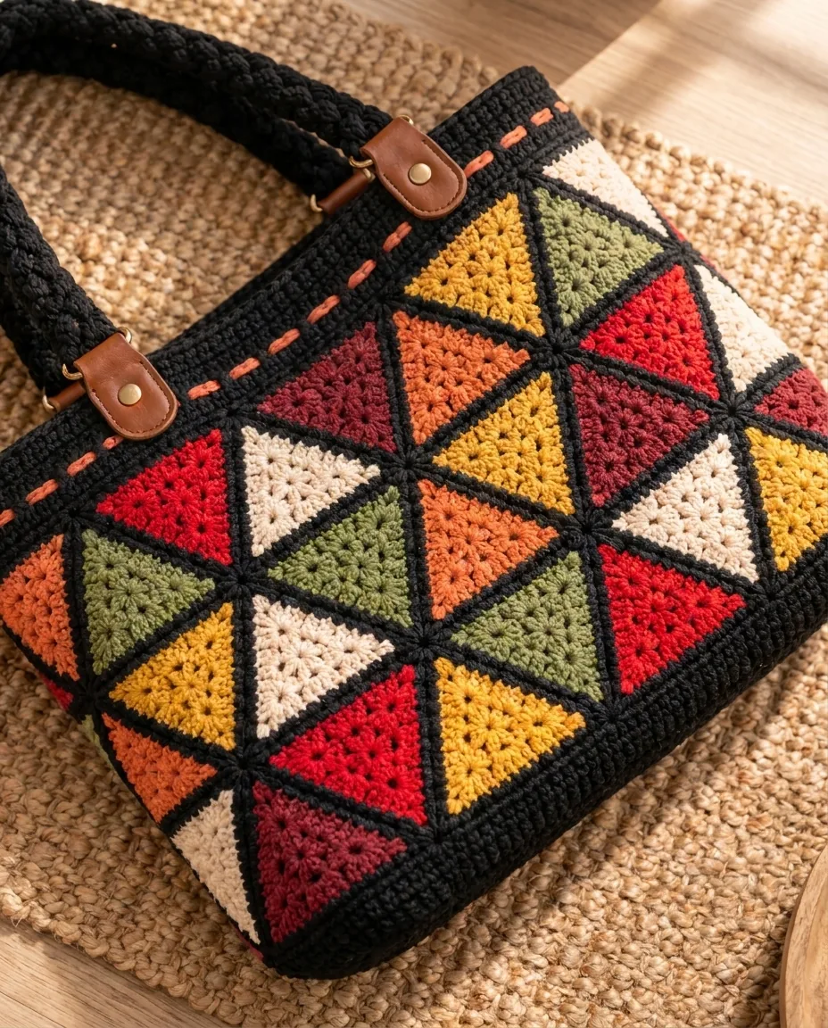 Triangle tote crochet pattern motif panel laid flat with colorful granny triangles and black joins