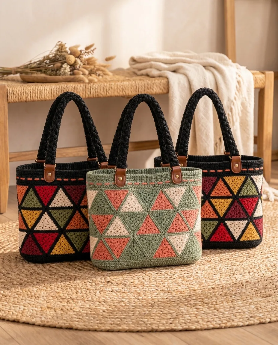 Three seasonal colorway ideas for a granny triangle bag pattern with braided handles