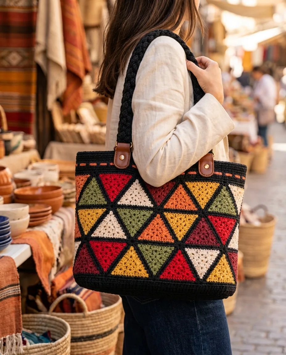 Colorful triangle tote crochet pattern worn on the shoulder at an artisan market