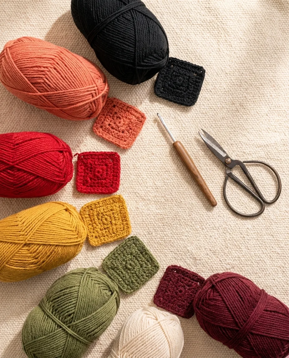 Yarn color planning for a granny triangle bag pattern in black, coral, mustard, olive, cream and burgundy