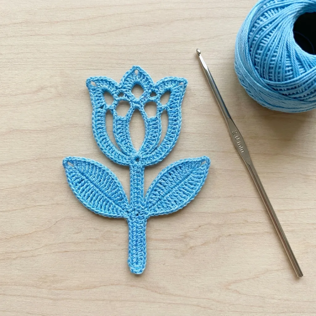Professional photo of a newly created blue crochet tulip motif