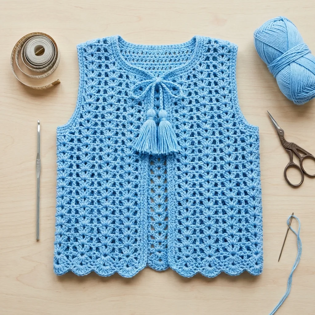 Professional flat lay of a completed blue crochet tulip vest
