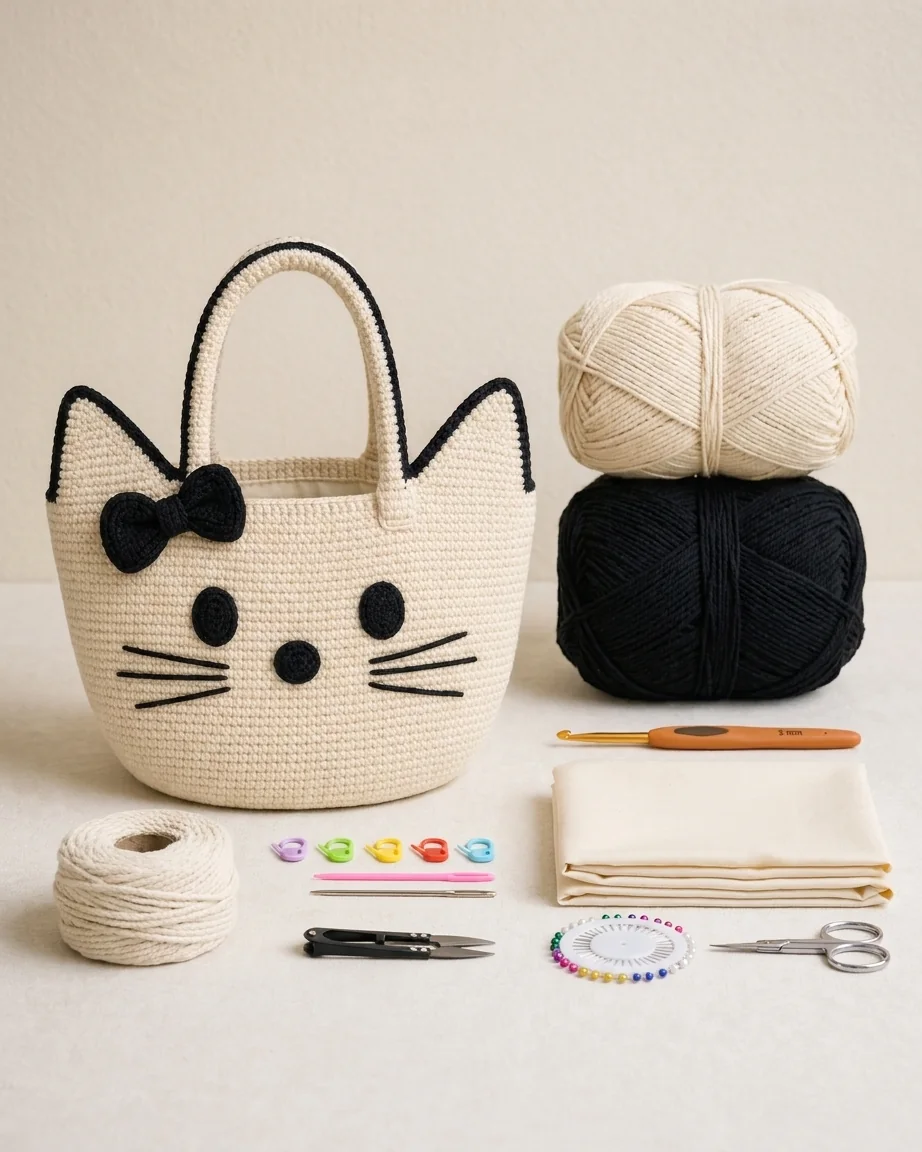 Step 1: gather materials and tools for a crochet cat face bow bag