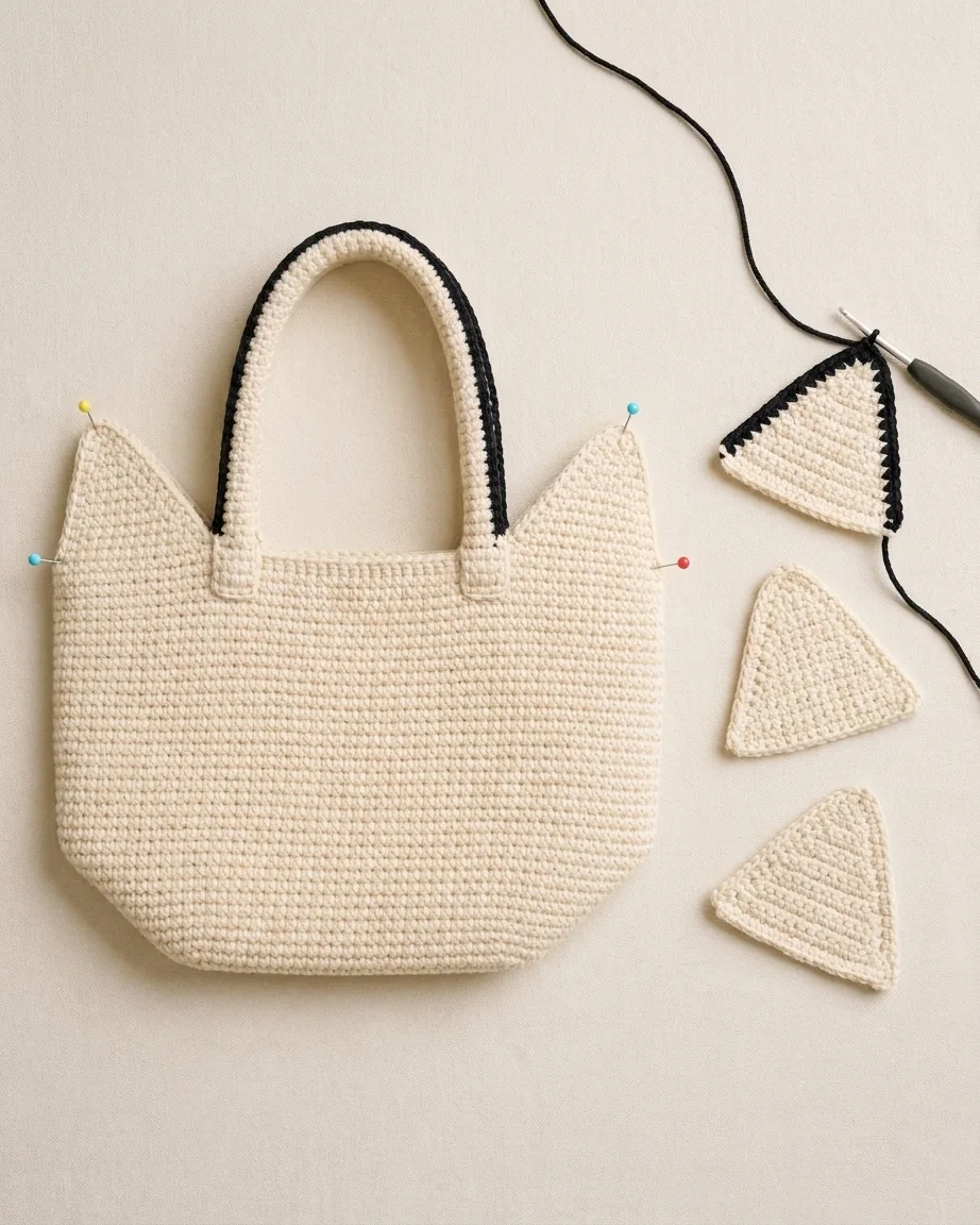 Step 4: shape and attach the cat ears for a crochet cat face bow bag