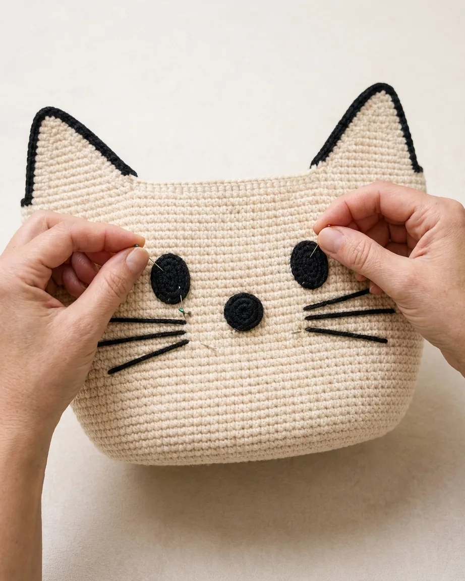 Step 5: create and attach the facial features for a crochet cat face bow bag