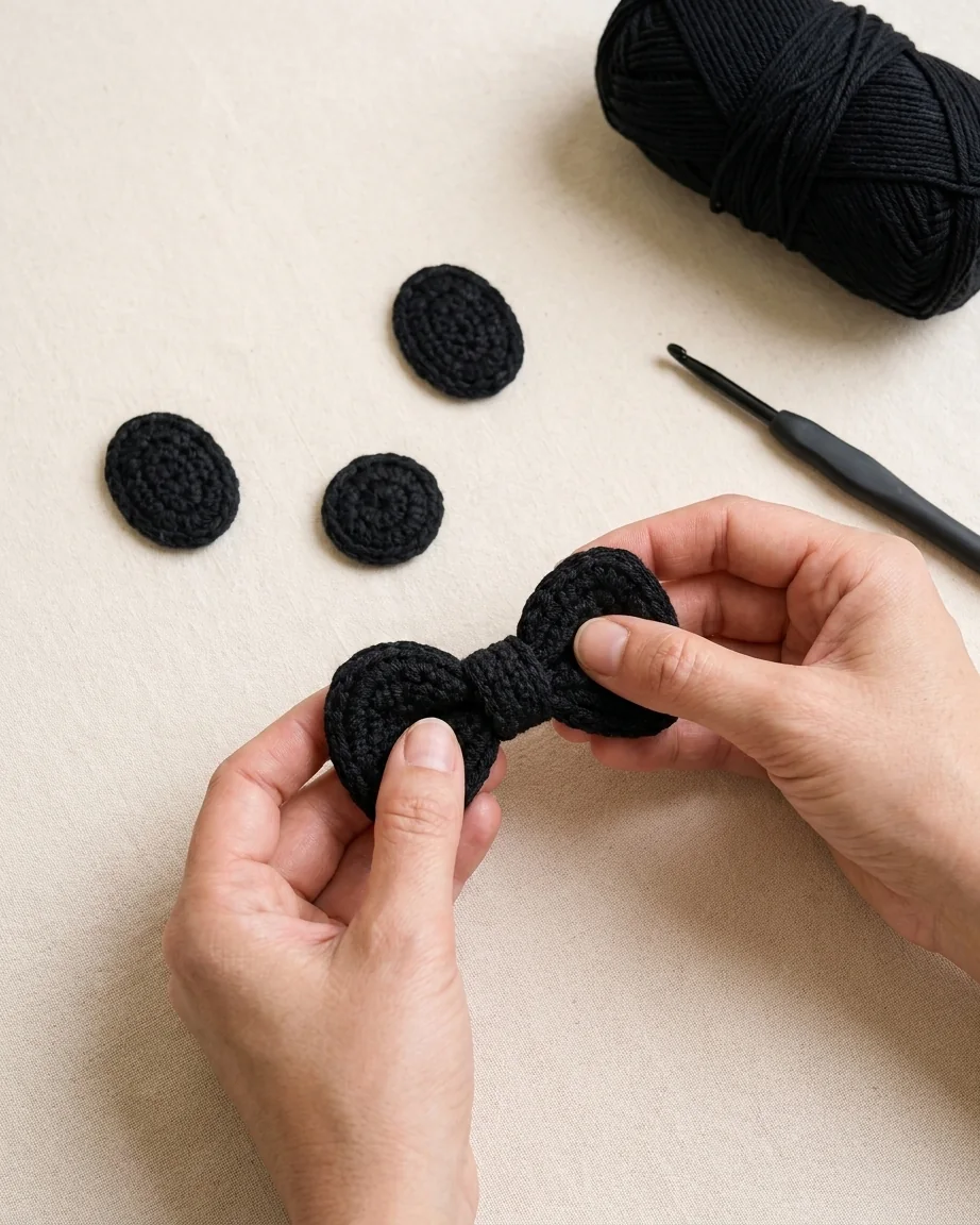 Step 6: crochet and attach the bow for a crochet cat face bow bag