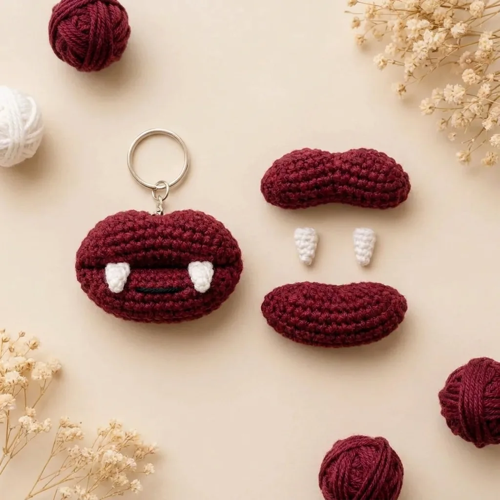Vampire lips crochet keychain pattern with separate burgundy lips and white fang pieces