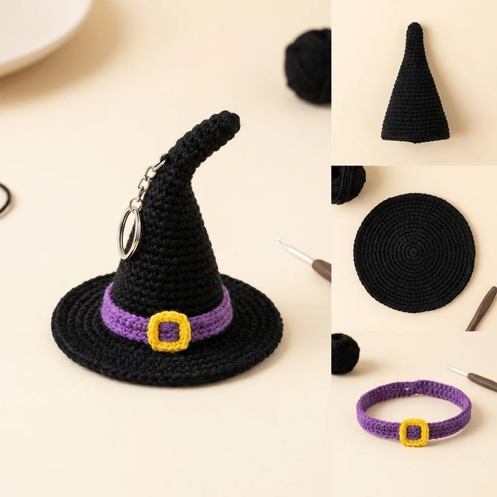 Witch hat crochet keychain pattern showing cone brim purple band and buckle stages