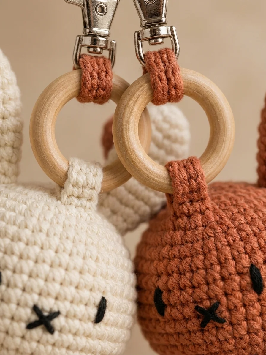 The Wooden Ring Detail with a rust and cream crochet bunny keychain