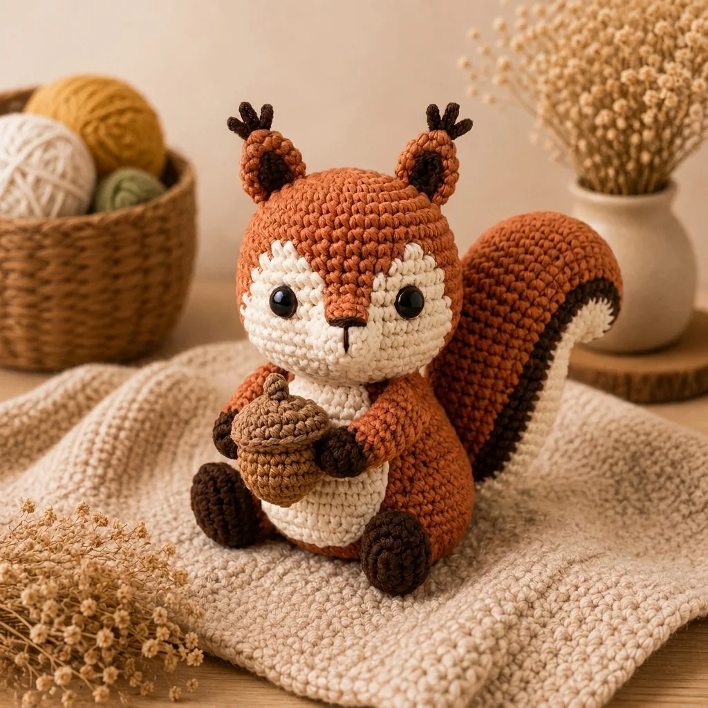 woodland crochet red panda ideas: Acorn-Holding Squirrel