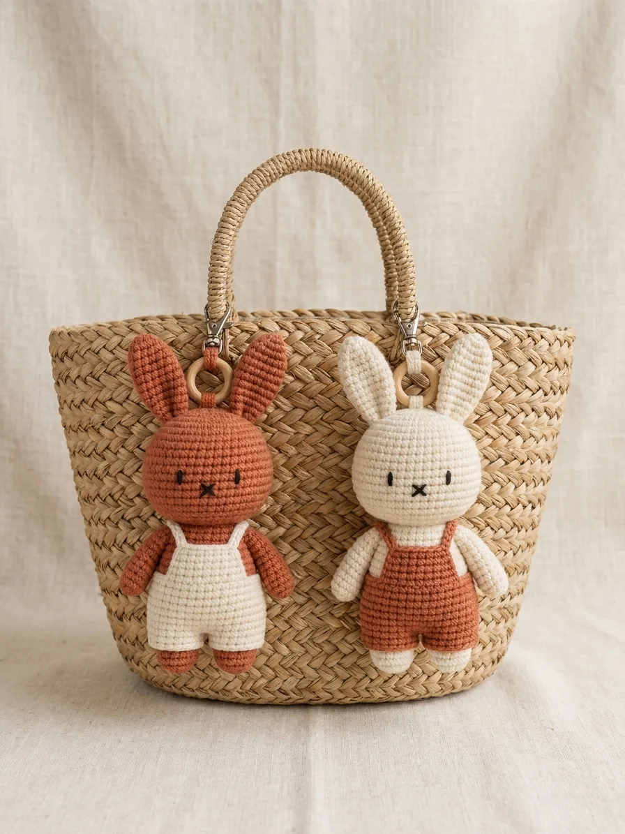 Natural Woven Bag + Both Bunny Charms with a rust and cream crochet bunny keychain