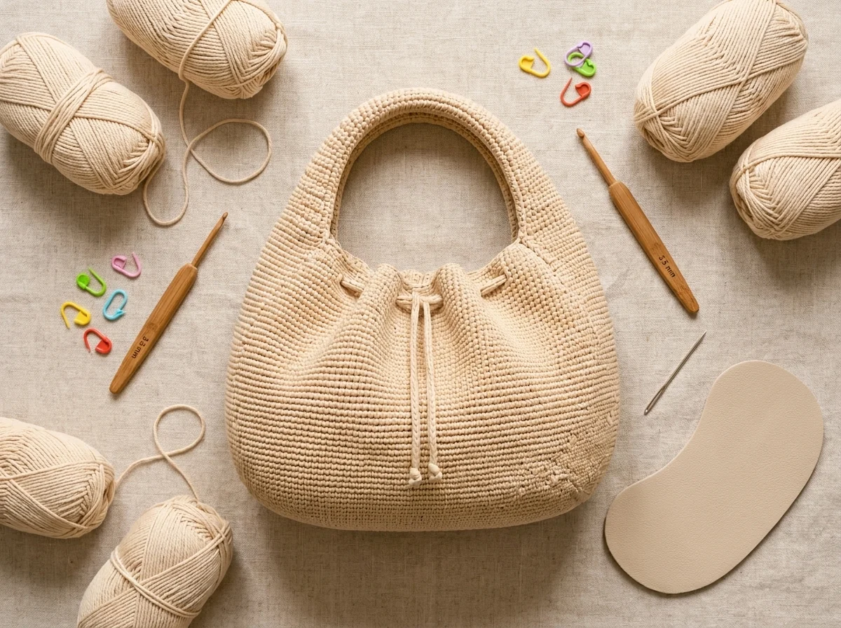 full crochet crescent handbag with cream yarn hook markers and base insert