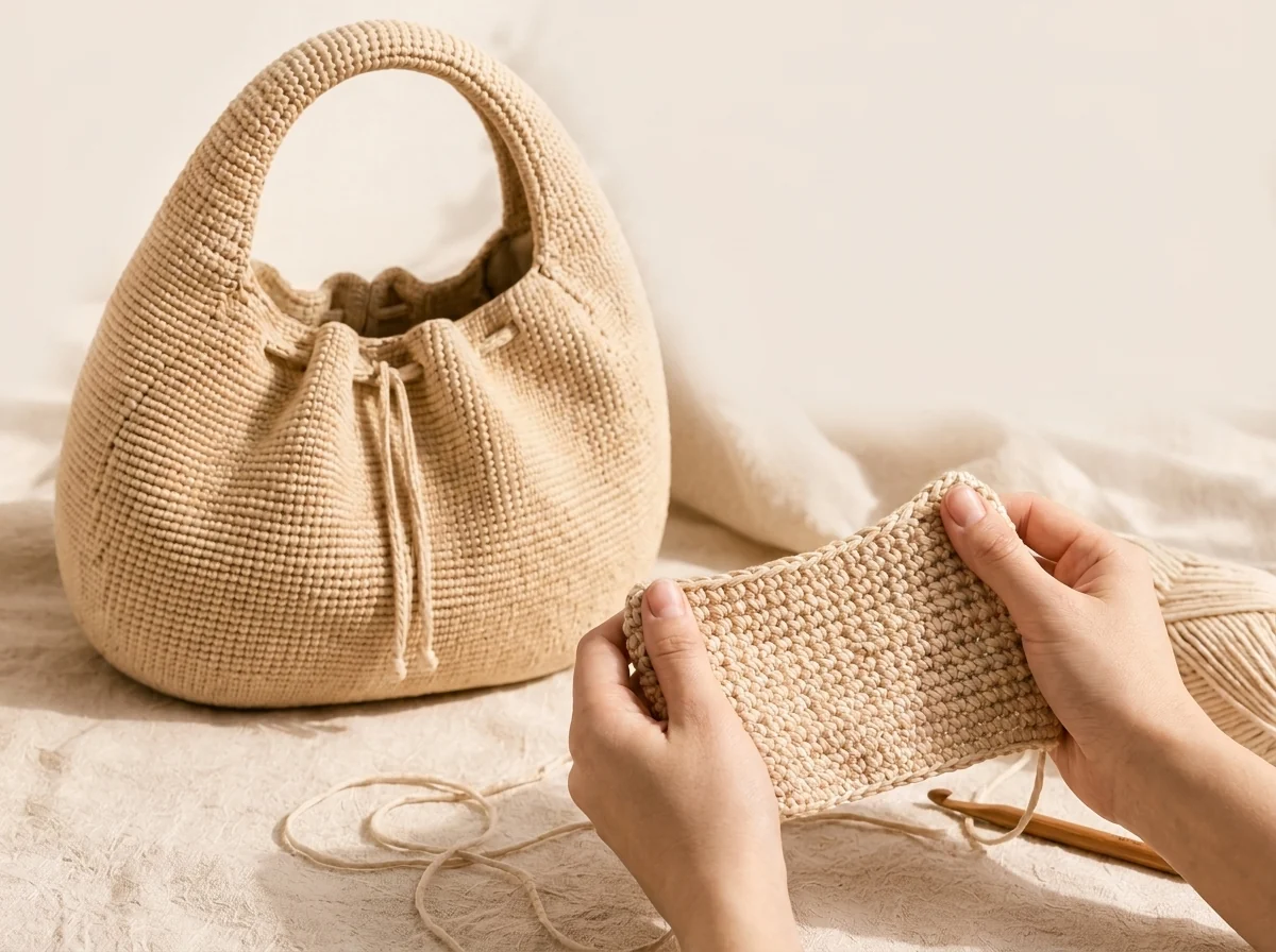 full crochet crescent handbag beside a cream cotton swatch stretch test