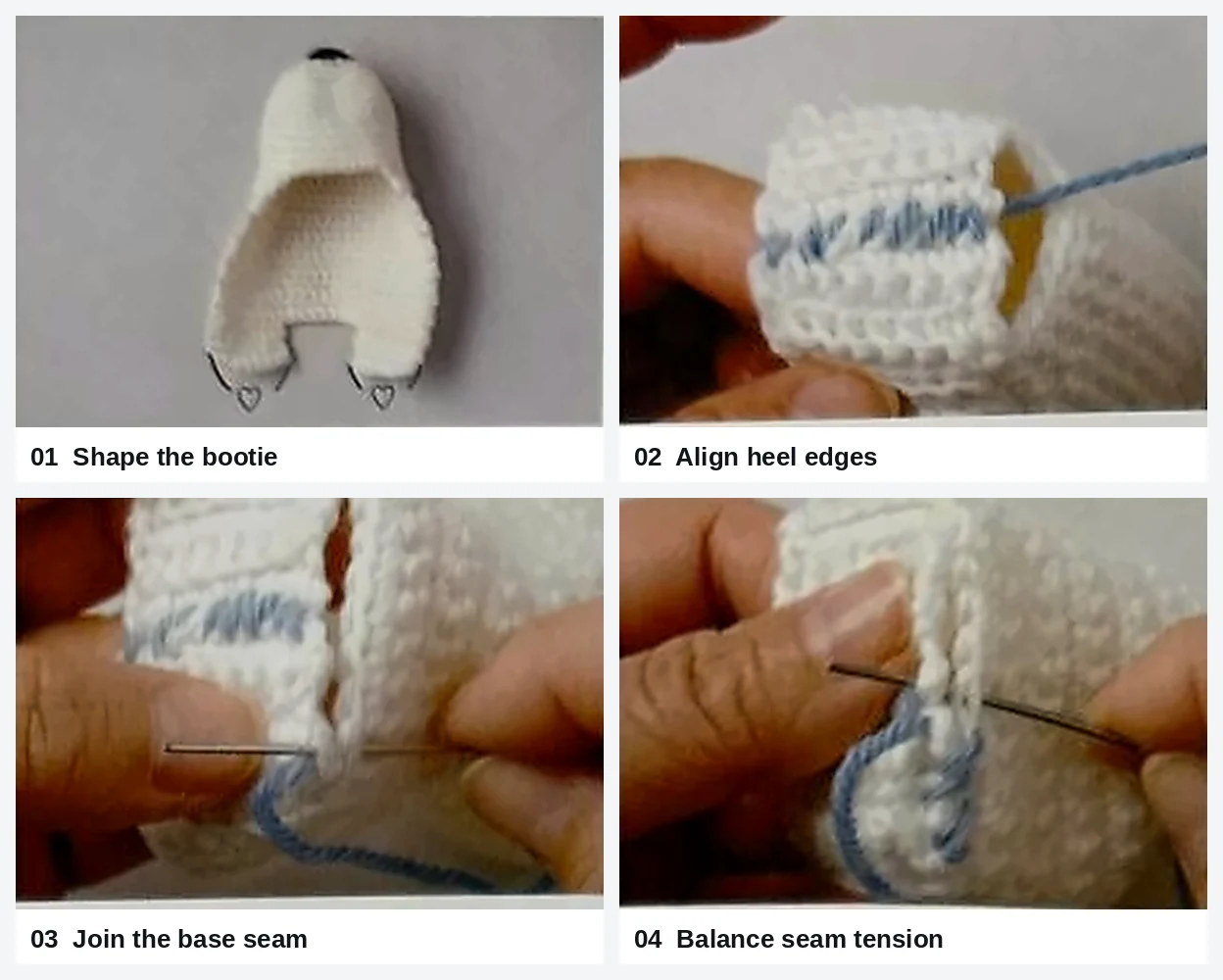 Baby bootie construction steps 1 to 4: Shape the bootie, Align heel edges, Join the base seam, Balance seam tension
