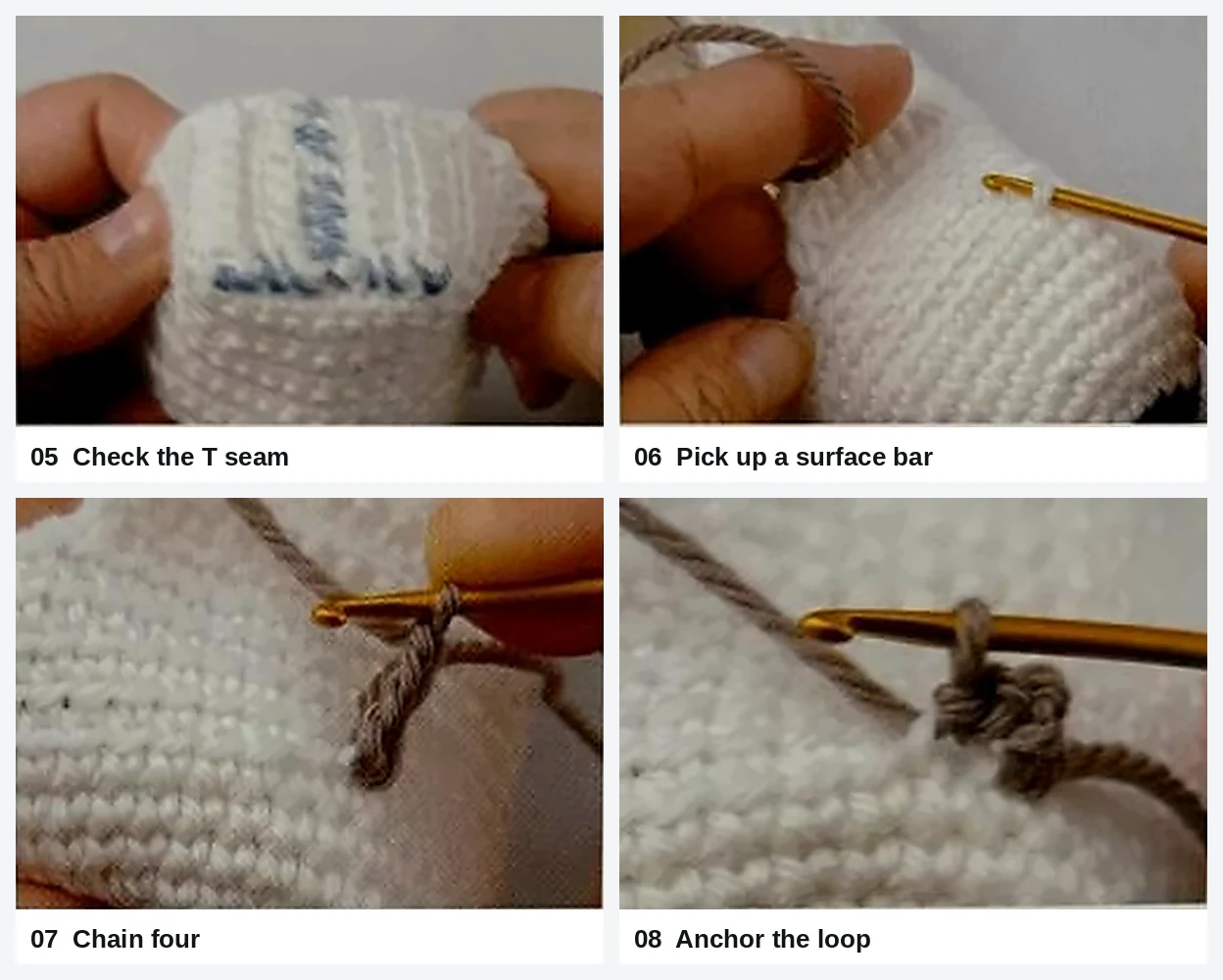 Baby bootie construction steps 5 to 8: Check the T seam, Pick up a surface bar, Chain four, Anchor the loop