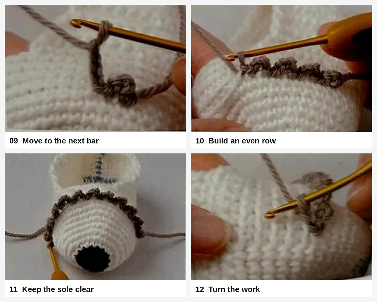 Baby bootie construction steps 9 to 12: Move to the next bar, Build an even row, Keep the sole clear, Turn the work