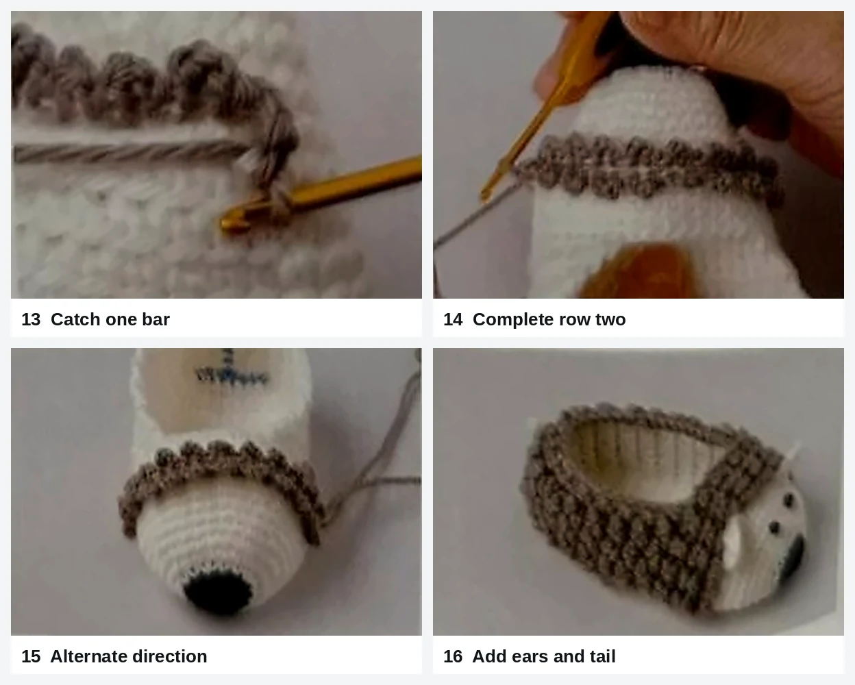 Baby bootie construction steps 13 to 16: Catch one bar, Complete row two, Alternate direction, Add ears and tail